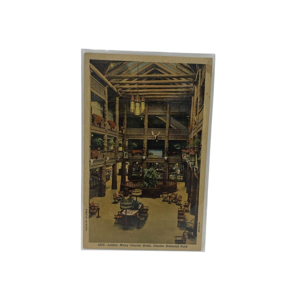 Glacier Hotel Lobby Glacier National Park Curt Teich Vintage Linen‎ Postcard